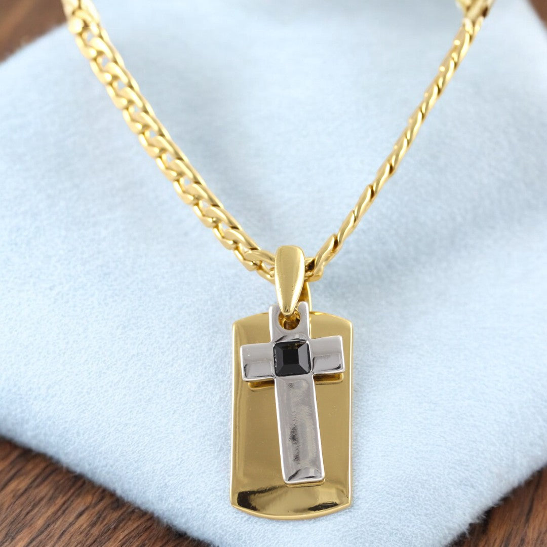 Tag Plate Cross Men's Necklace Gold & Black Plated 24K