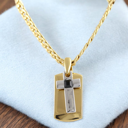 Tag Plate Cross Men's Necklace Gold & Black Plated 24K