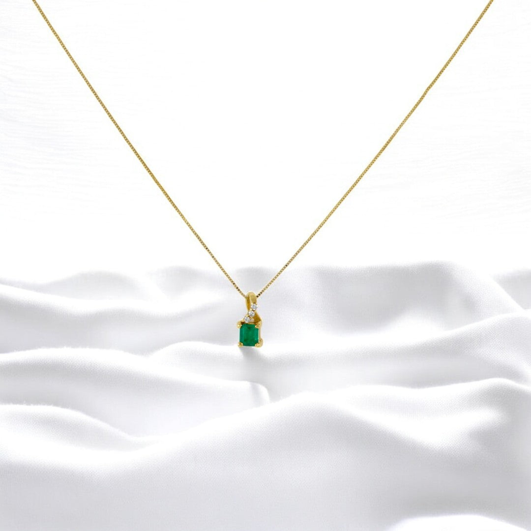 Square Colombian Emerald & Diamond Pendant Necklace Solid Gold 18K Italian
