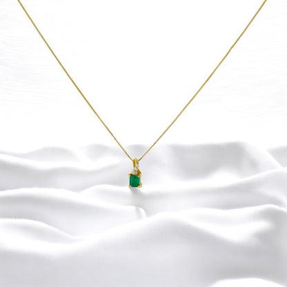 Square Colombian Emerald & Diamond Pendant Necklace Solid Gold 18K Italian