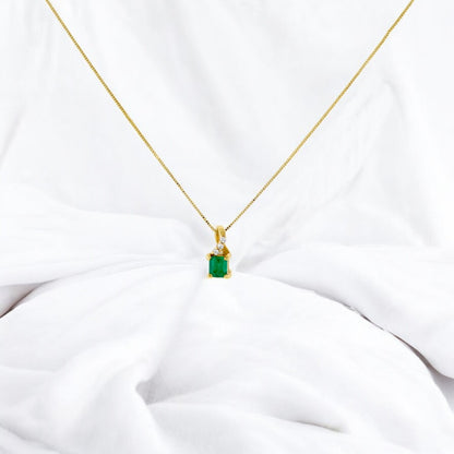 Square Colombian Emerald & Diamond Pendant Necklace Solid Gold 18K Italian