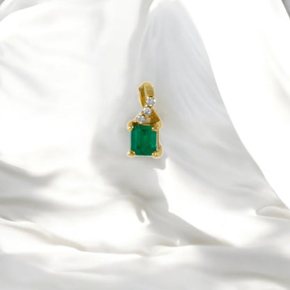 Square Colombian Emerald & Diamond Pendant Necklace Solid Gold 18K Italian