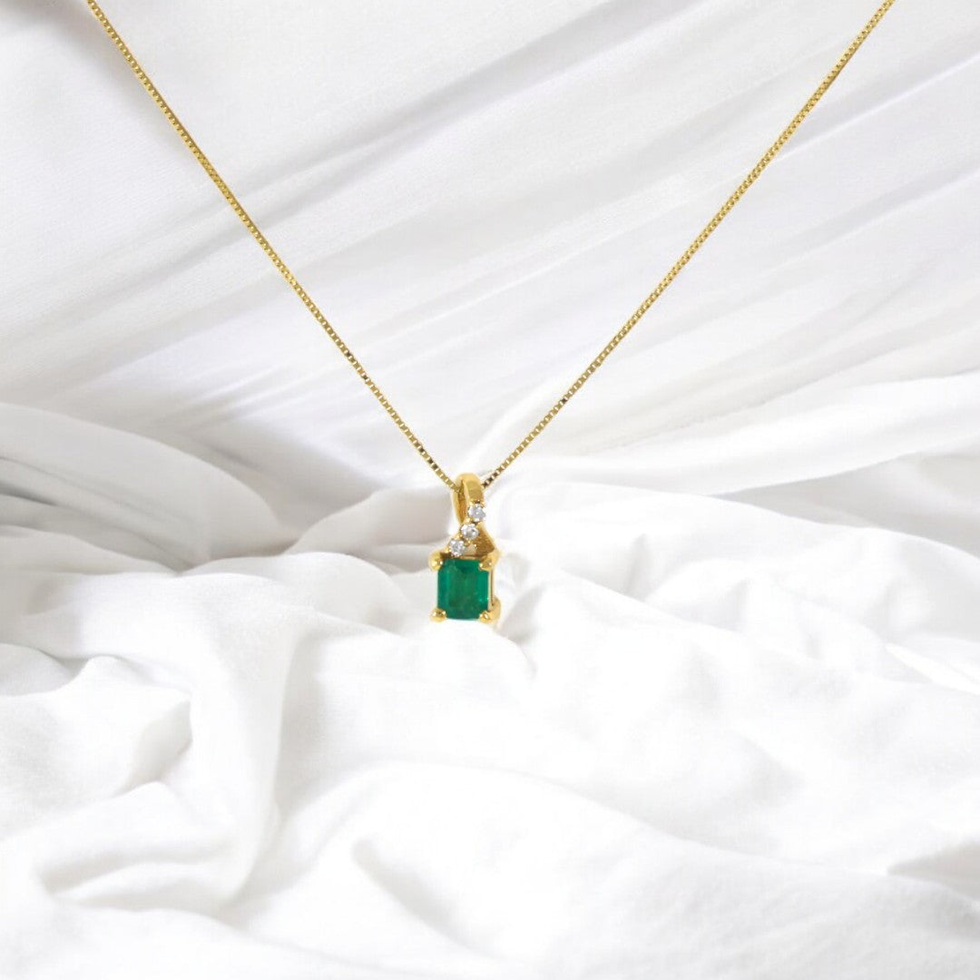 Square Colombian Emerald & Diamond Pendant Necklace Solid Gold 18K Italian