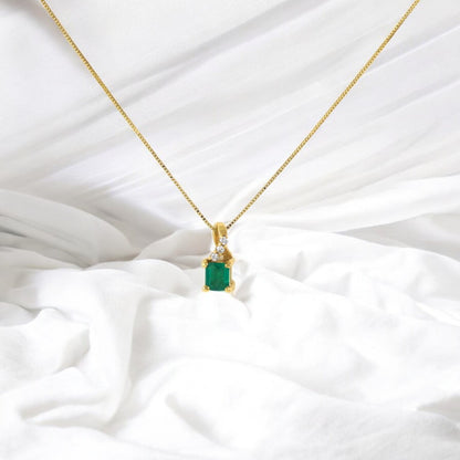 Square Colombian Emerald & Diamond Pendant Necklace Solid Gold 18K Italian