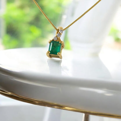 Square Colombian Emerald & Diamond Pendant Necklace Solid Gold 18K Italian