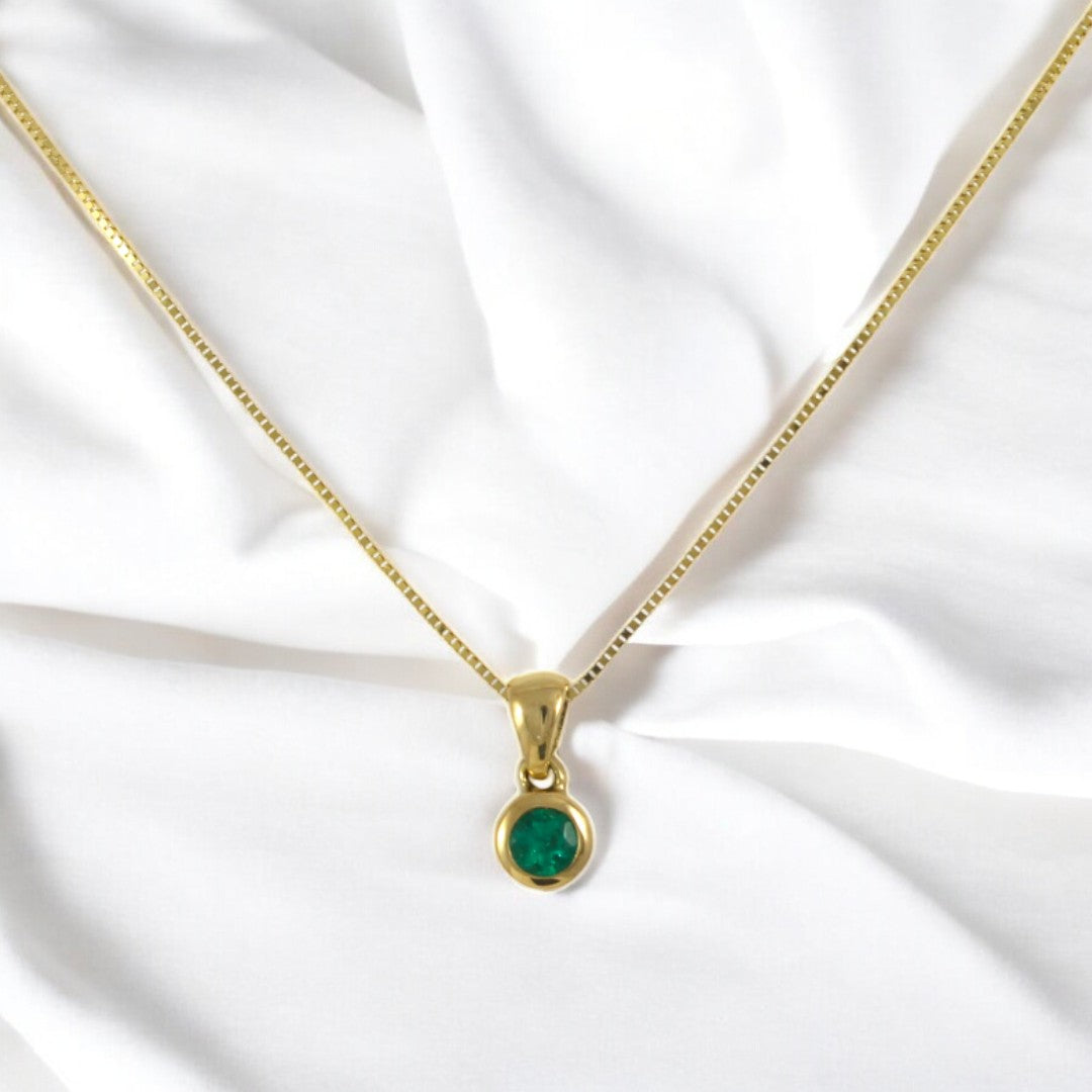 Round Colombian Emerald Pendant Necklace Solid Gold 18K Italian