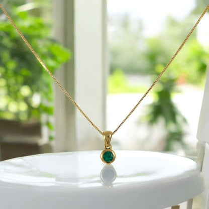 Round Colombian Emerald Pendant Necklace Solid Gold 18K Italian