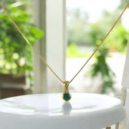 Round Colombian Emerald Pendant Necklace Solid Gold 18K Italian