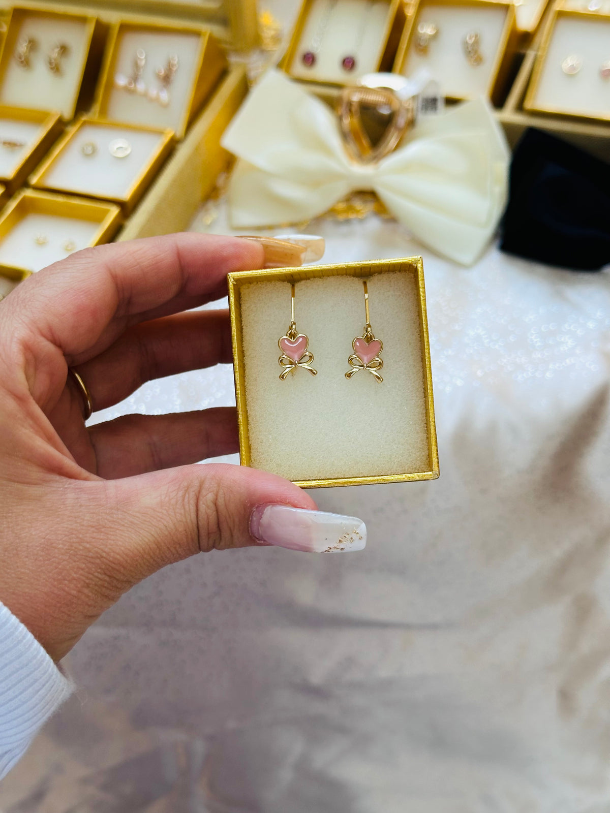 Pink Heart & Bow Dangle Earrings Gold Plated 24K