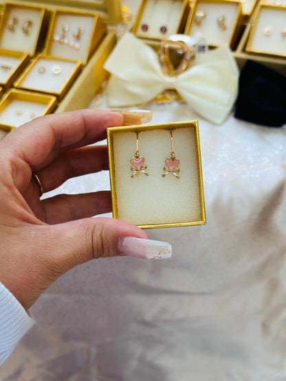 Pink Heart & Bow Dangle Earrings Gold Plated 24K