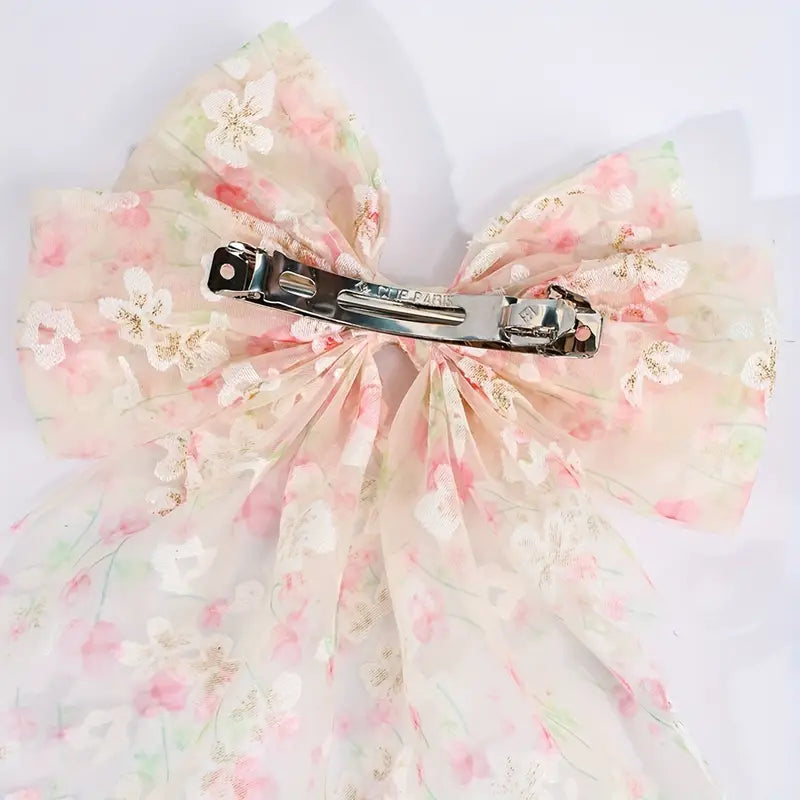 Floral Tulle Bow Hair Clip - Large