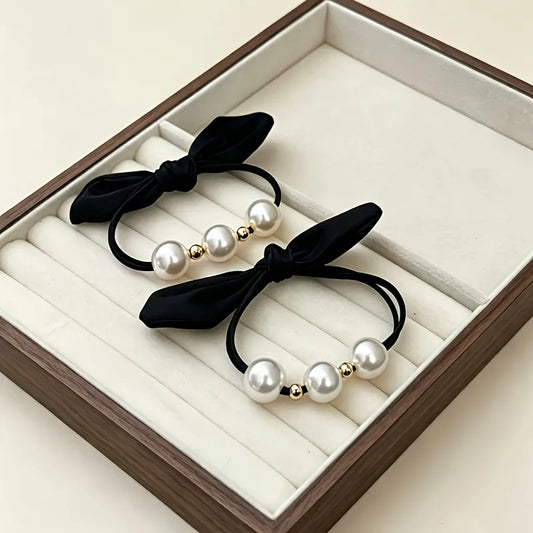 French Headband Pearl Bow Hair Tie - Black