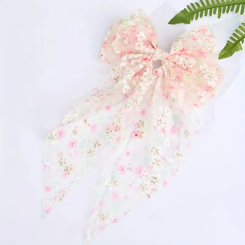Floral Tulle Bow Hair Clip - Large
