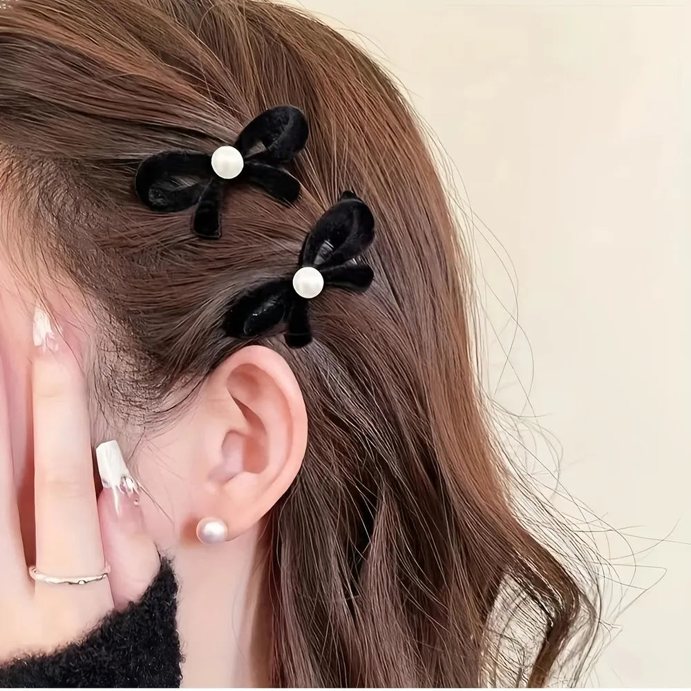 Pearl Bow Hair Clip - Black - Black