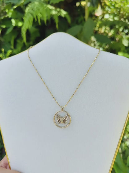 Butterfly in Circle Pendant Necklace Gold Plated 24K