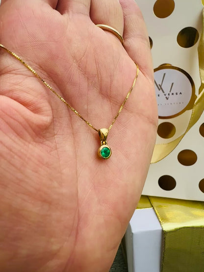 Round Colombian Emerald Pendant Necklace Solid Gold 18K Italian
